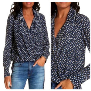 Veronica Beard 8 Worth Floral Print Long Sleeve 100% Silk Blouse Top Shirt Blue